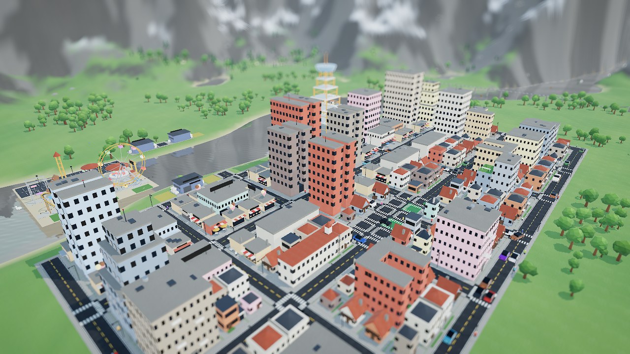 Capa de ForgeCity3D: cidade colorida em 3D num vale verde, com roda-gigante e montanhas nevadas ao fundo.