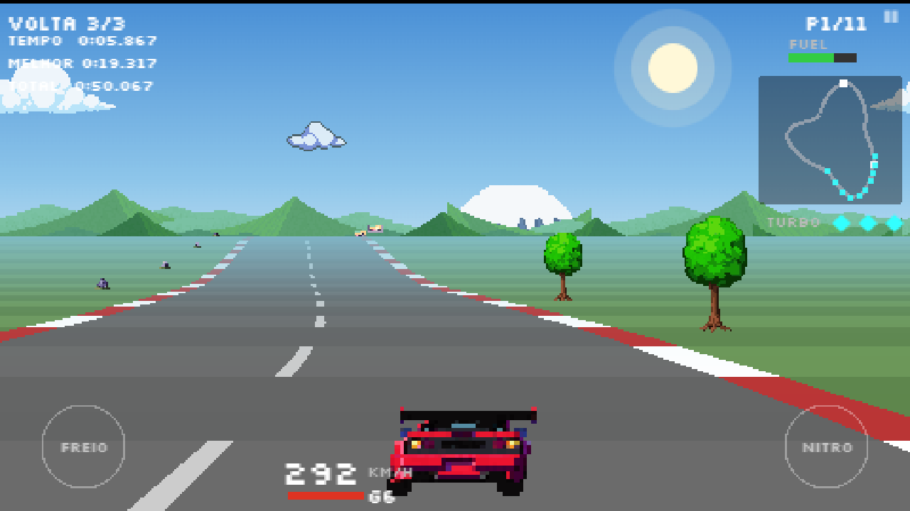 Capa de Pixel Gear: o cupê vermelho dispara na liderança rumo ao Monte Fuji, na etapa do Japão, com o mapa do circuito e o HUD de corrida em pixel art.