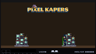 Capa de Pixel Kapers: o Guarda Pixel entre pilhas de TVs no departamento de eletrônicos, com o logo dourado do jogo no alto.