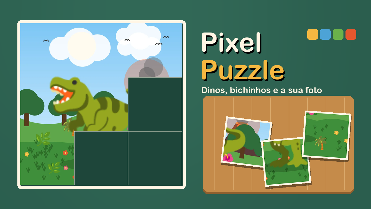 Capa de Pixel Puzzle: um T-Rex em pixel art sendo montado em blocos numa lousa verde, com peças soltas numa bandeja de madeira.