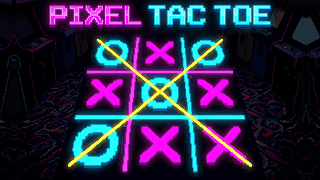 Capa de Pixel Tac Toe: tabuleiro neon de jogo da velha com peças X magenta e O ciano riscadas por uma linha amarela de vitória.