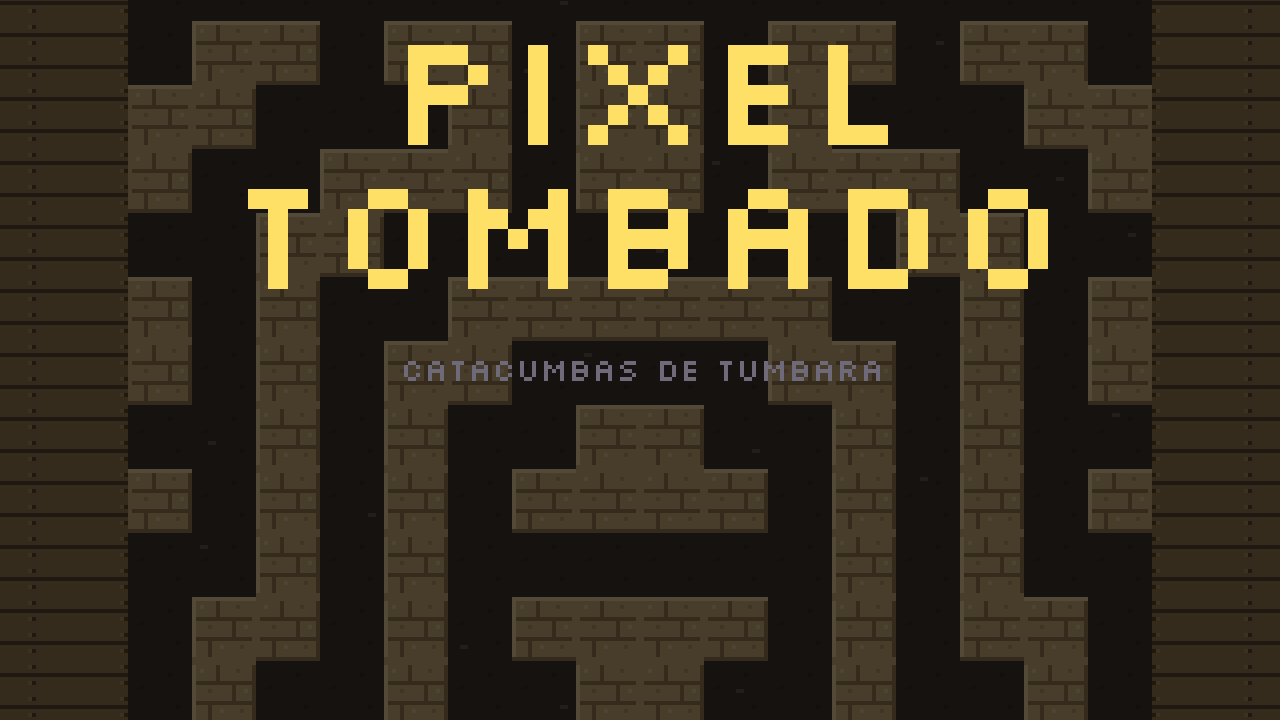 Capa de Pixel Tombado: o título em letras douradas de pixel art sobre um labirinto de pedra arenito visto de cima.
