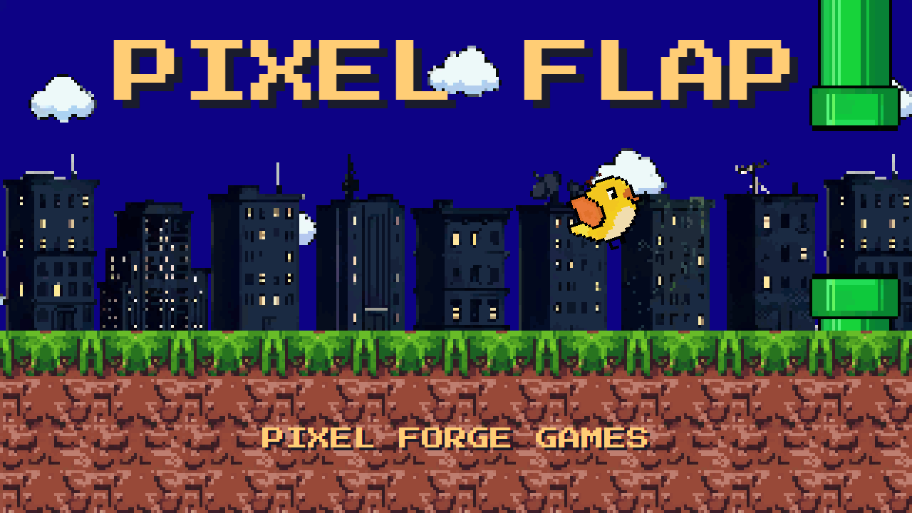 Capa de Pixel Flap: o mascote pássaro amarelo voando entre canos verdes sobre a silhueta de uma cidade.