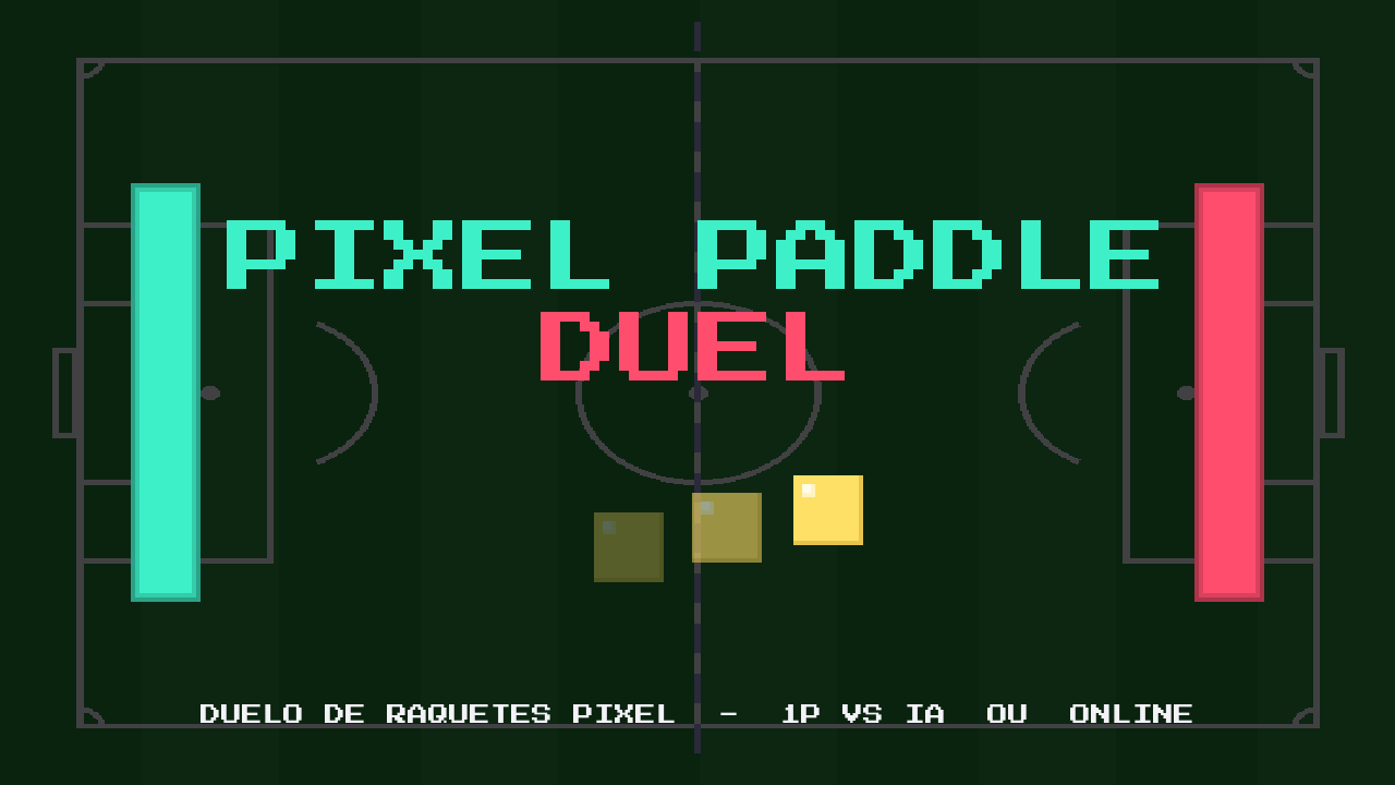 Capa de Pixel Paddle Duel: raquete ciano contra raquete magenta em quadra pixel art.