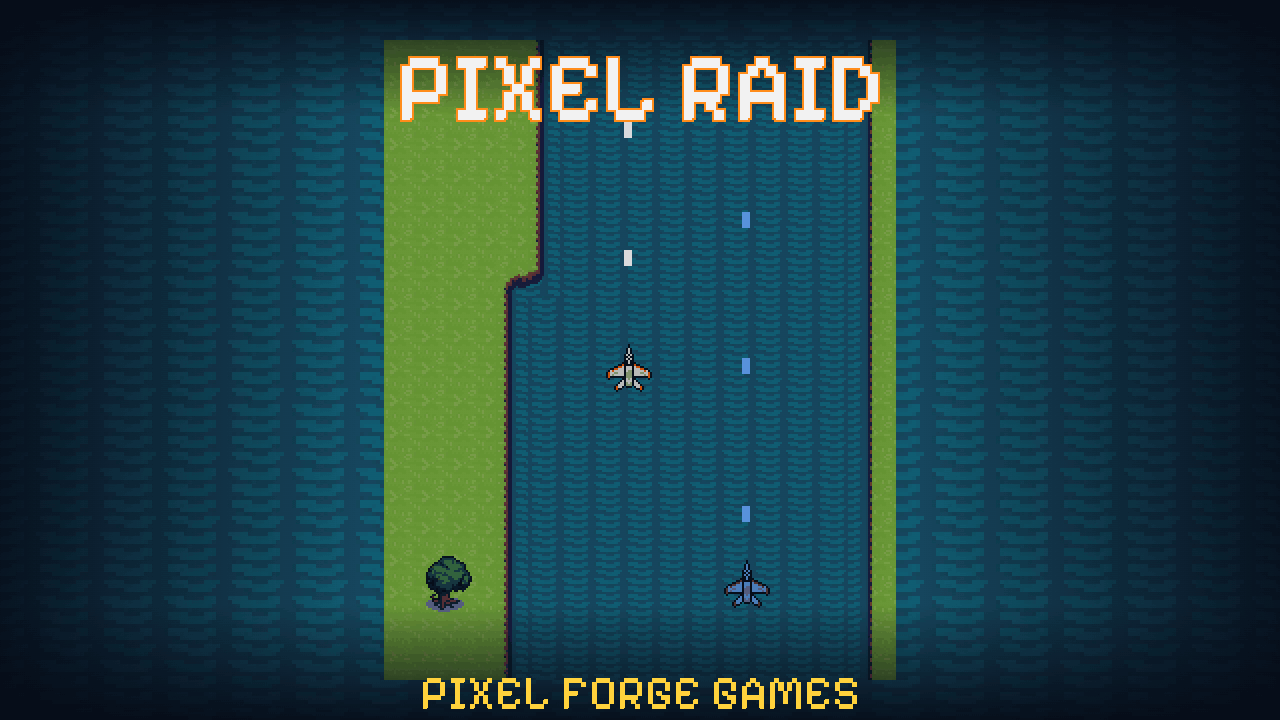 Capa de Pixel Raid: dois caças em pixel art descendo um rio azul entre margens verdes.