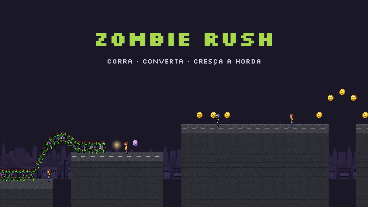 Capa de Zombie Rush: a horda de zumbis verdes salta em cascata por uma cidade roxa à noite, entre moedas e civis, com o título em pixel art.