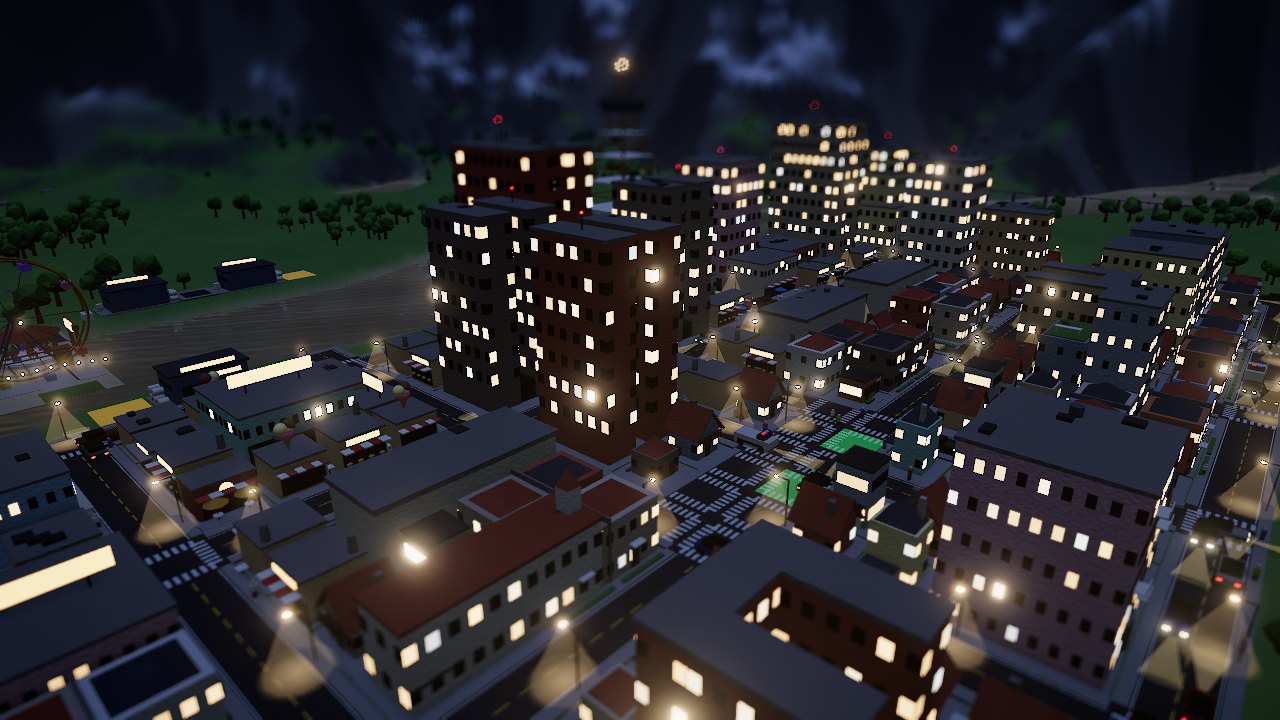 A cidade à noite: janelas acesas, postes iluminando as ruas e a torre piscando ao fundo.