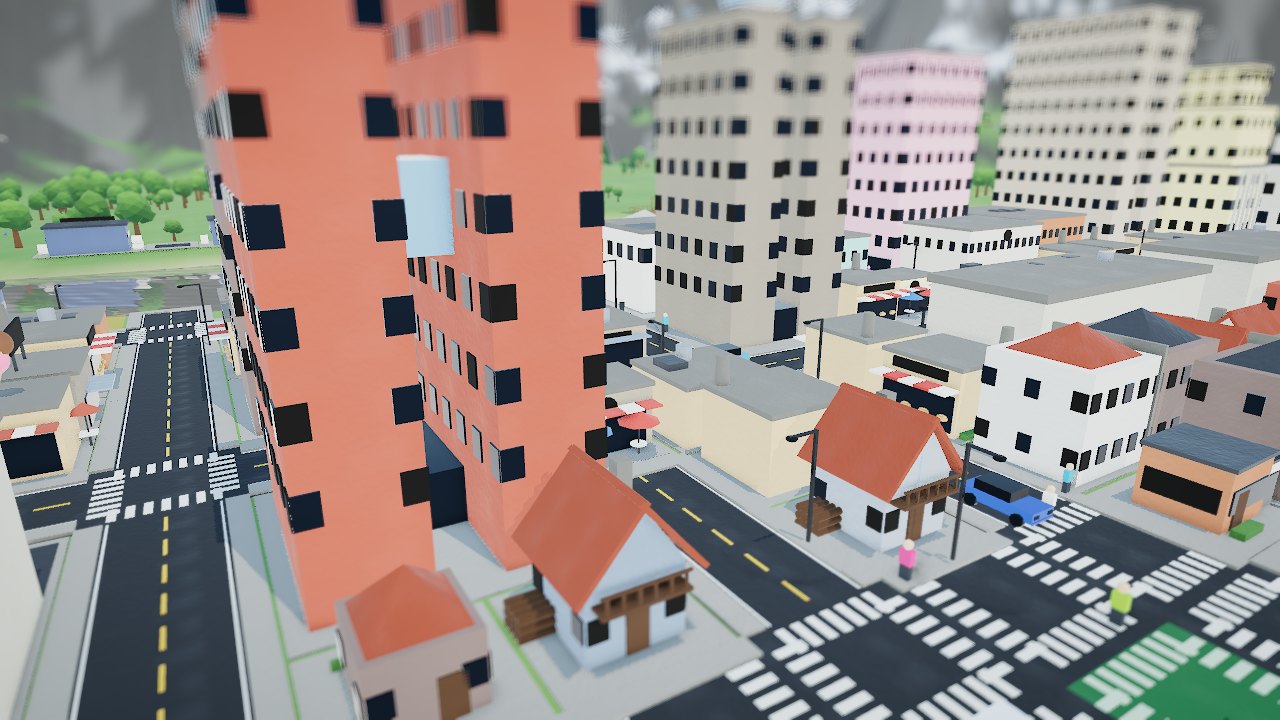 Esquina da cidade vista de perto: faixa de pedestres, carros, pessoas andando e lojas com toldo.