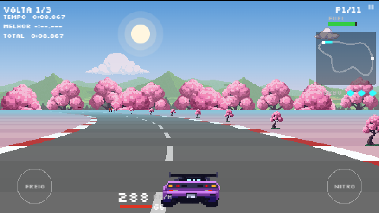 Etapa do Japão: o carro roxo corre entre cerejeiras em flor, com o acostamento rosado de pétalas e montanhas ao fundo.