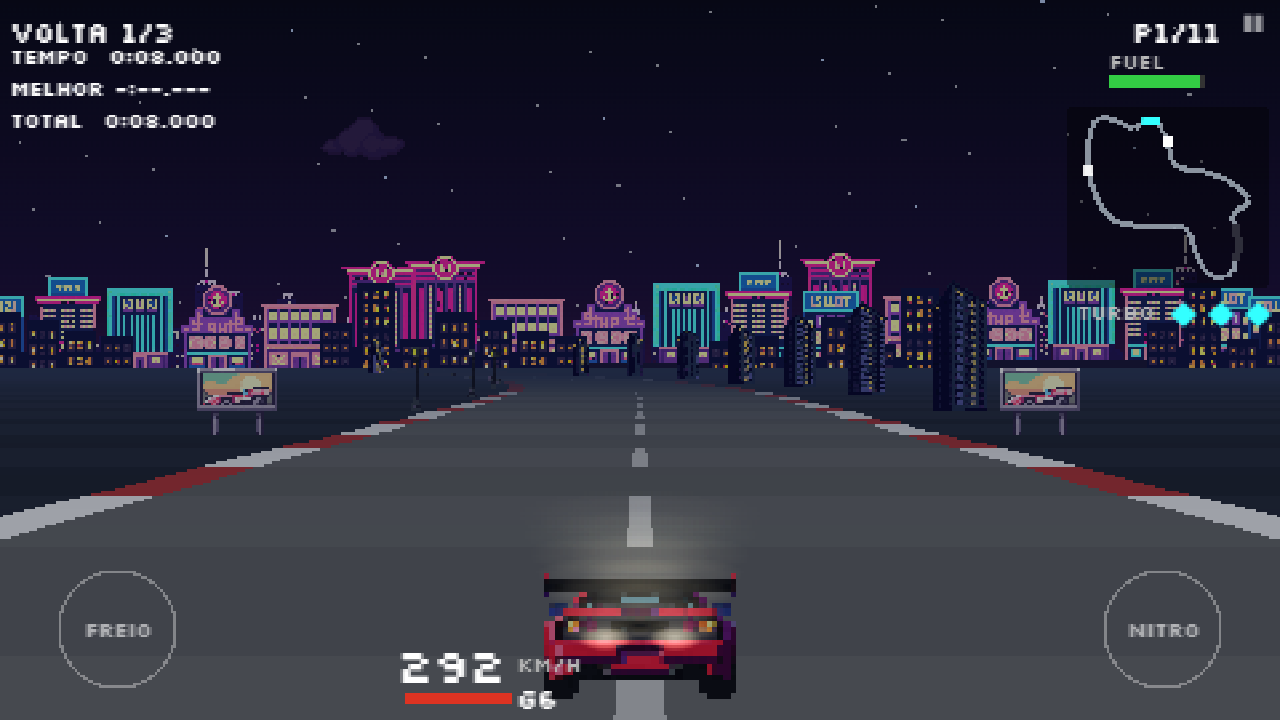 Cidade Neon nos EUA: o carro vermelho lidera sob um skyline de letreiros rosa e ciano na madrugada americana.