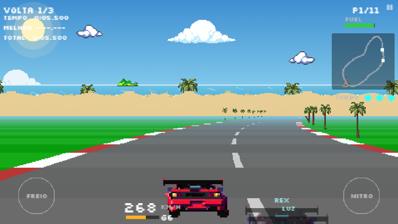 Litoral brasileiro: o carro vermelho ultrapassa os ghosts REX, LUZ e MAX numa reta ensolarada entre a praia e as palmeiras.