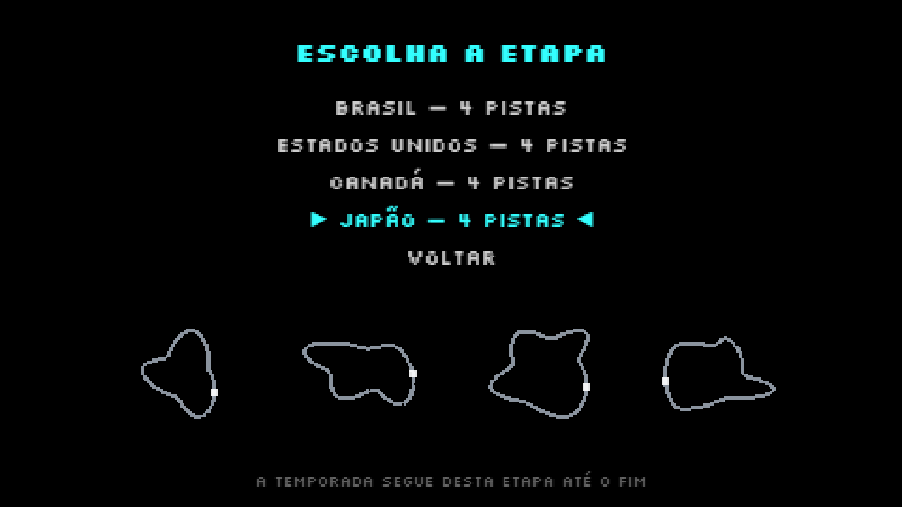 Tela de escolha de etapa do campeonato: Brasil, Estados Unidos, Canadá e Japão, com os quatro traçados japoneses desenhados abaixo.