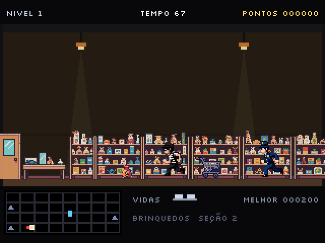 O Guarda Pixel persegue o Zé Ligeiro pelo departamento de brinquedos, entre prateleiras de pelúcias, um carrinho de compras em fuga e a registradora da loja à esquerda.