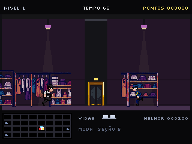 Hall do elevador no andar de moda: a porta dourada aberta entre araras de roupas, com o ladrão fugindo à esquerda e o guarda chegando pela direita.