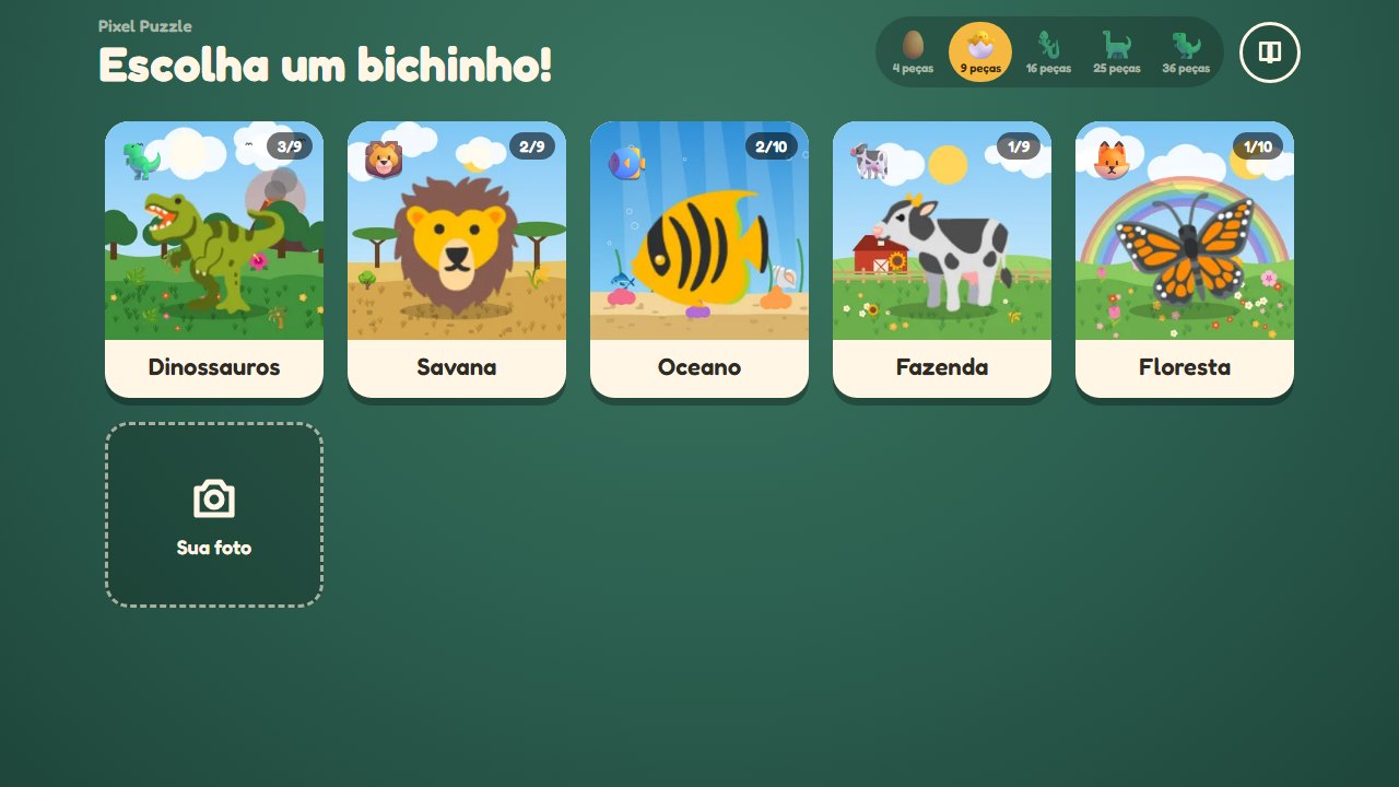 Tela de temas do Pixel Puzzle: cards de Dinossauros, Savana, Oceano, Fazenda e Floresta, o card Sua foto e o seletor de dificuldade com ovo, pintinho, lagarto e dinossauros.