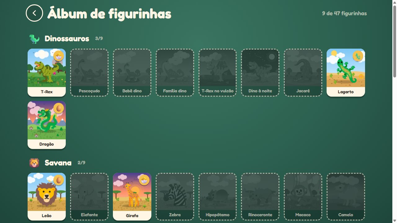 Álbum de figurinhas: uma página por tema, com as figuras já conquistadas coloridas e as demais esmaecidas.