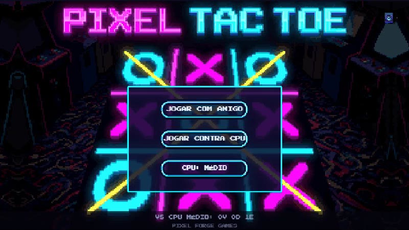Tela de título de Pixel Tac Toe: arte neon com o logotipo, botões de jogar com amigo ou contra a CPU e o retrospecto salvo no navegador.