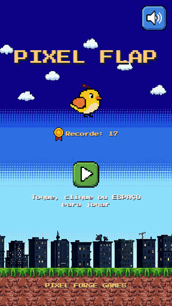 Tela de início de Pixel Flap: o título em pixel art, o mascote batendo asa, a medalha com o recorde de 17 pontos e o botão de jogar.