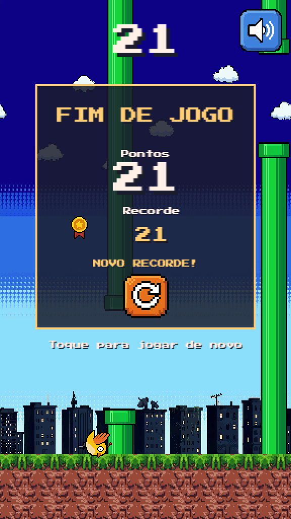 Painel de fim de jogo: 21 pontos, medalha, recorde de 21 e o aviso de NOVO RECORDE, com o botão de jogar de novo.