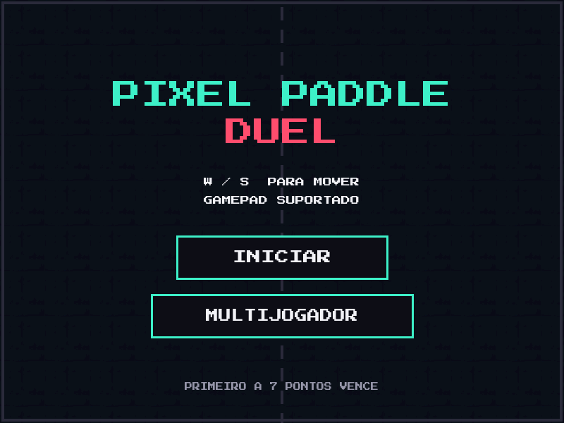 Menu de Pixel Paddle Duel: título em pixel art com os botões Iniciar e Multijogador e a dica de controles W/S.