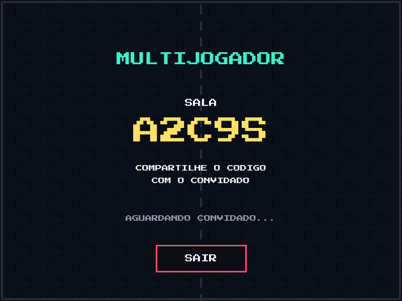 Tela de sala multiplayer: código de 5 letras para compartilhar com o convidado e entrar no duelo online.