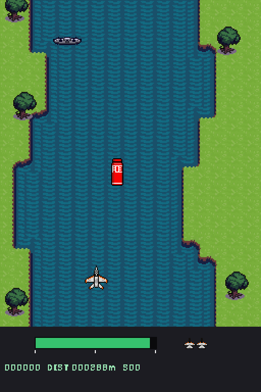 Partida solo: o caça desce o rio em direção a um depósito de combustível vermelho, com um navio inimigo à frente e árvores nas margens.